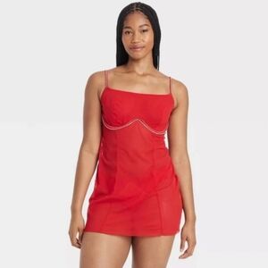 Auden NEW Red Sheer Rhinestone Trim Slip Size Large Lingerie Dress